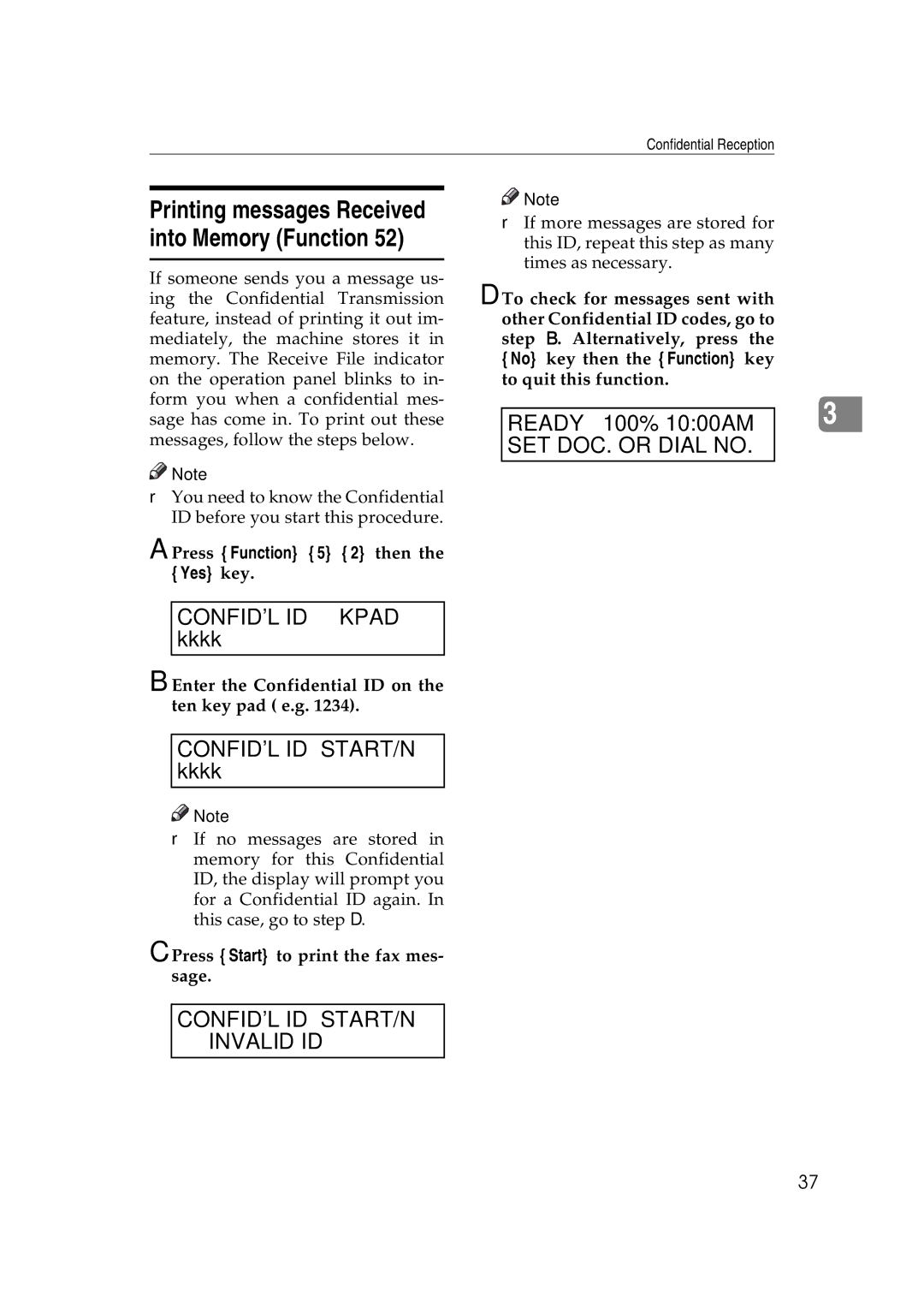 Ricoh H545 manual Confidl ID START/N kkkk, Confidl ID START/N Invalid ID, Press Function 5 2 then the Yes key 