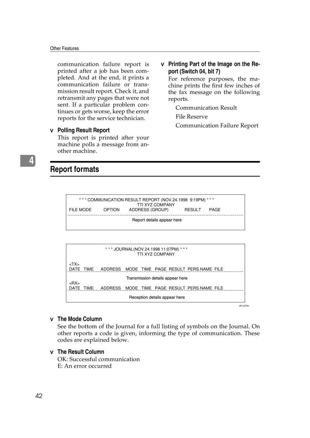 Ricoh H545 manual Report formats, Mode Column, Result Column 