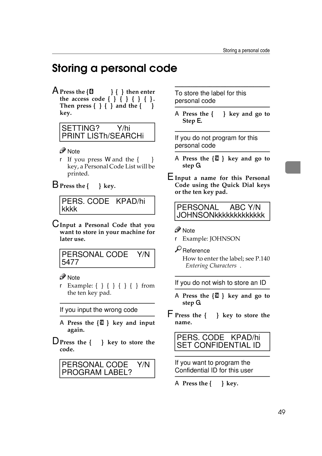 Ricoh H545 manual Storing a personal code, Personal Code Program LABEL? 