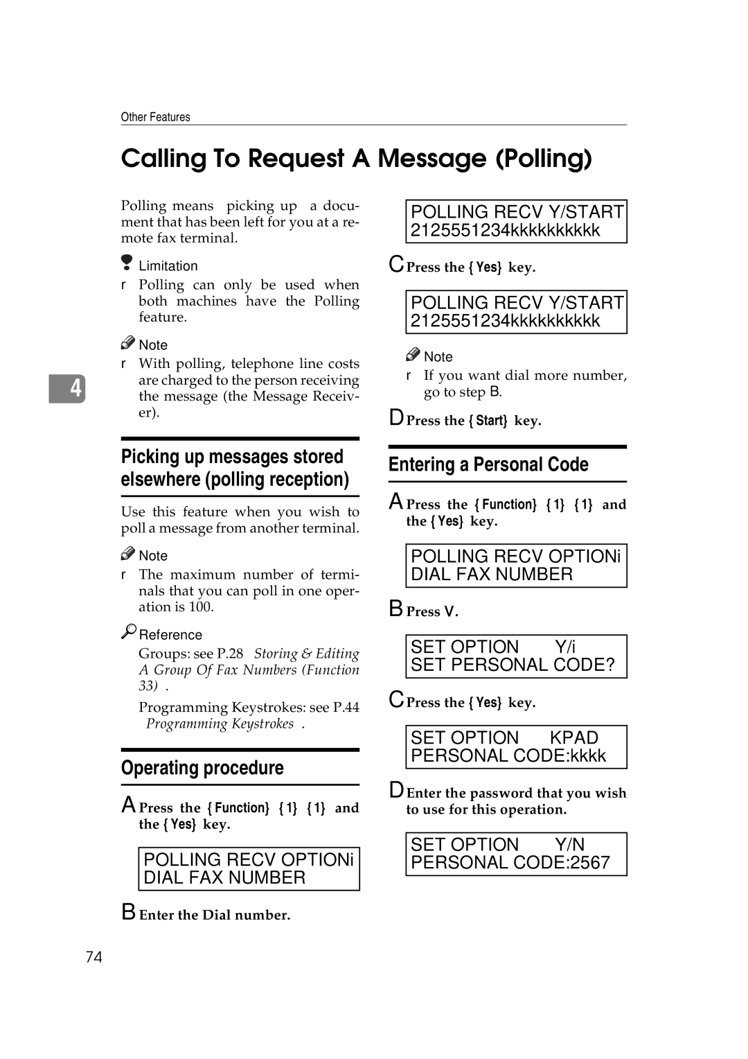 Ricoh H545 manual Calling To Request a Message Polling, Operating procedure, Entering a Personal Code, Polling Recv OPTIONi 