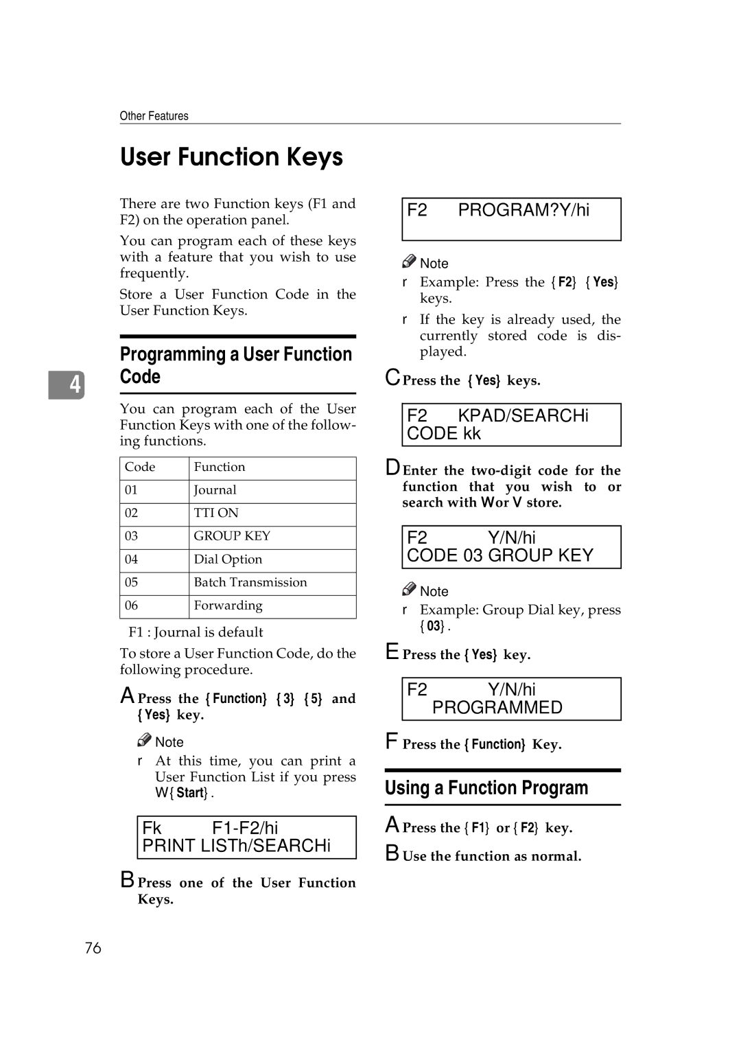Ricoh H545 manual User Function Keys, Using a Function Program, Code 03 Group KEY, Programmed 