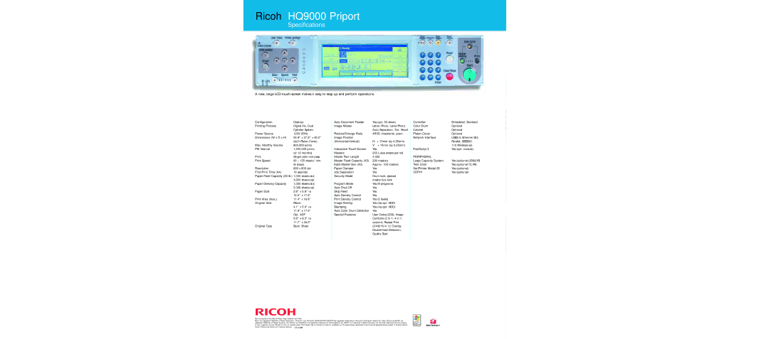 Ricoh specifications Ricoh HQ9000 Priport, Specifications 