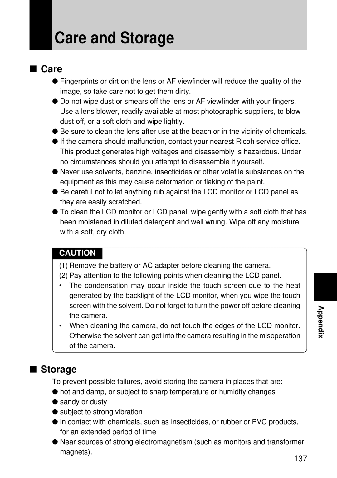 Ricoh I500 manual Care and Storage, 137 