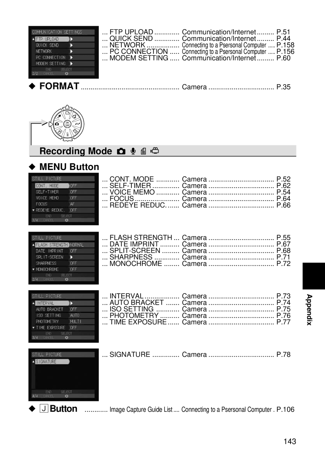 Ricoh I500 manual Recording Mode Menu Button, 143 