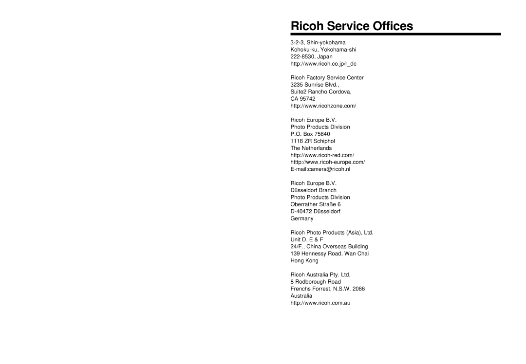 Ricoh I500 manual Ricoh Service Offices 