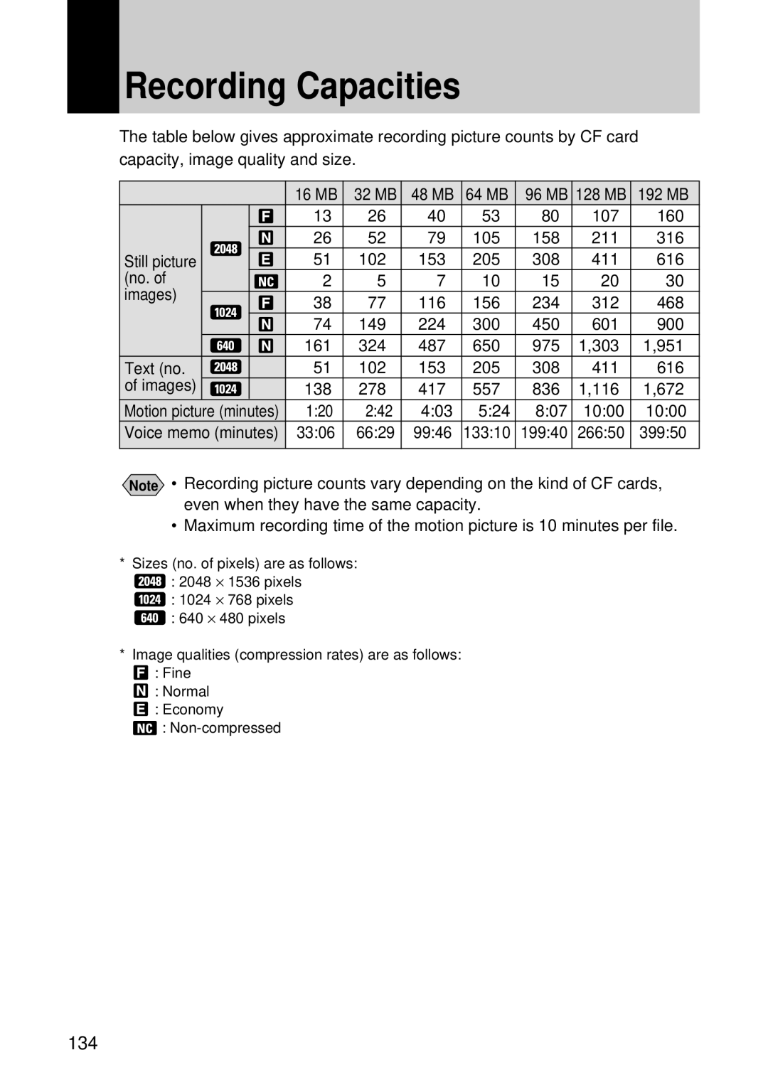 Ricoh I500 manual Recording Capacities, 134 