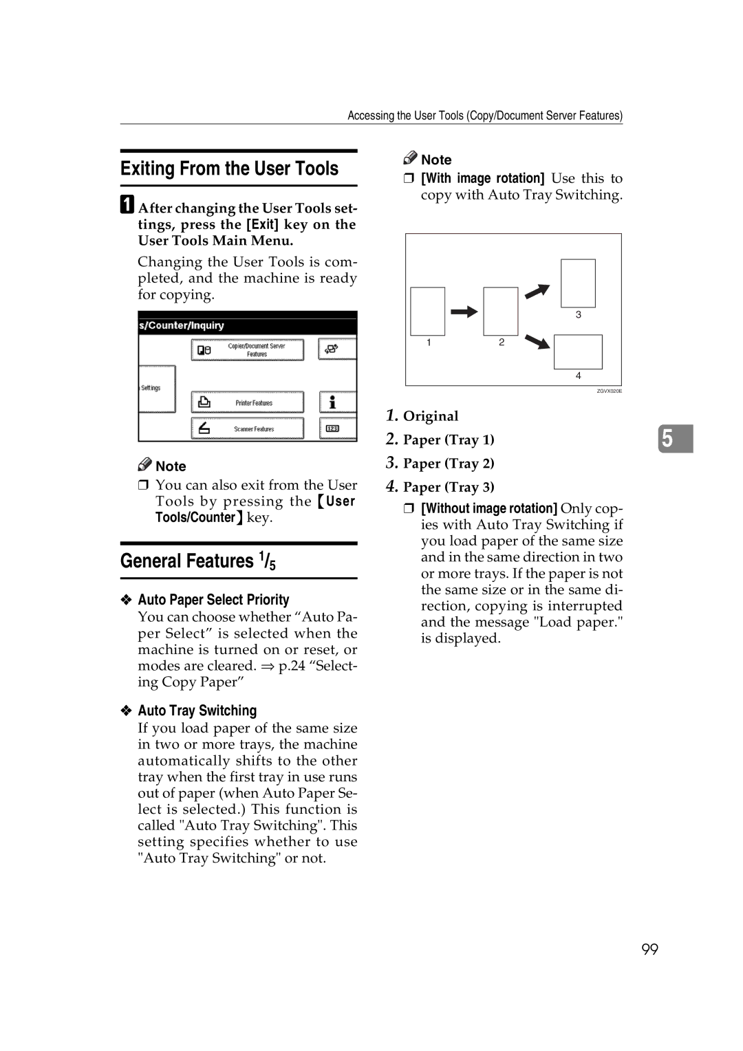 Ricoh IS 2060, IS 2075 Exiting From the User Tools, General Features 1/5, Auto Paper Select Priority, Auto Tray Switching 