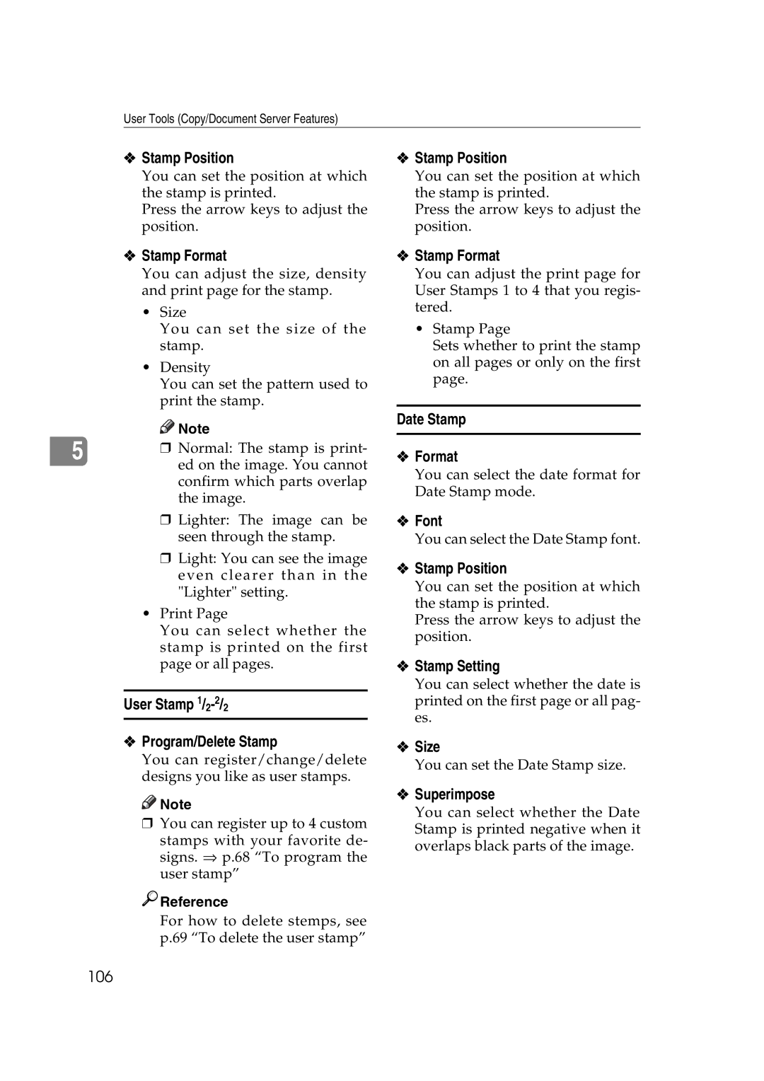 Ricoh IS 2075, IS 2060 Stamp Position, User Stamp 1/2-2/2 Program/Delete Stamp, Date Stamp Format, Font, Stamp Setting 