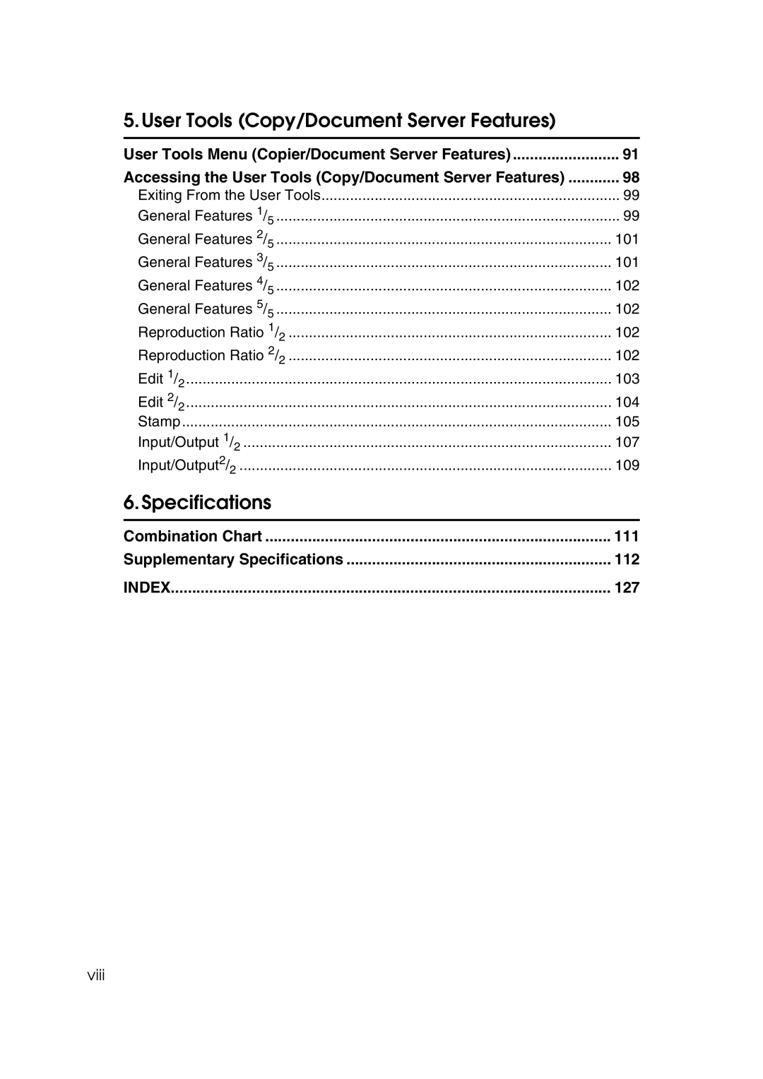 Ricoh IS 2075, IS 2060 operating instructions Combination Chart 111 Supplementary Specifications 112, 127, Viii 