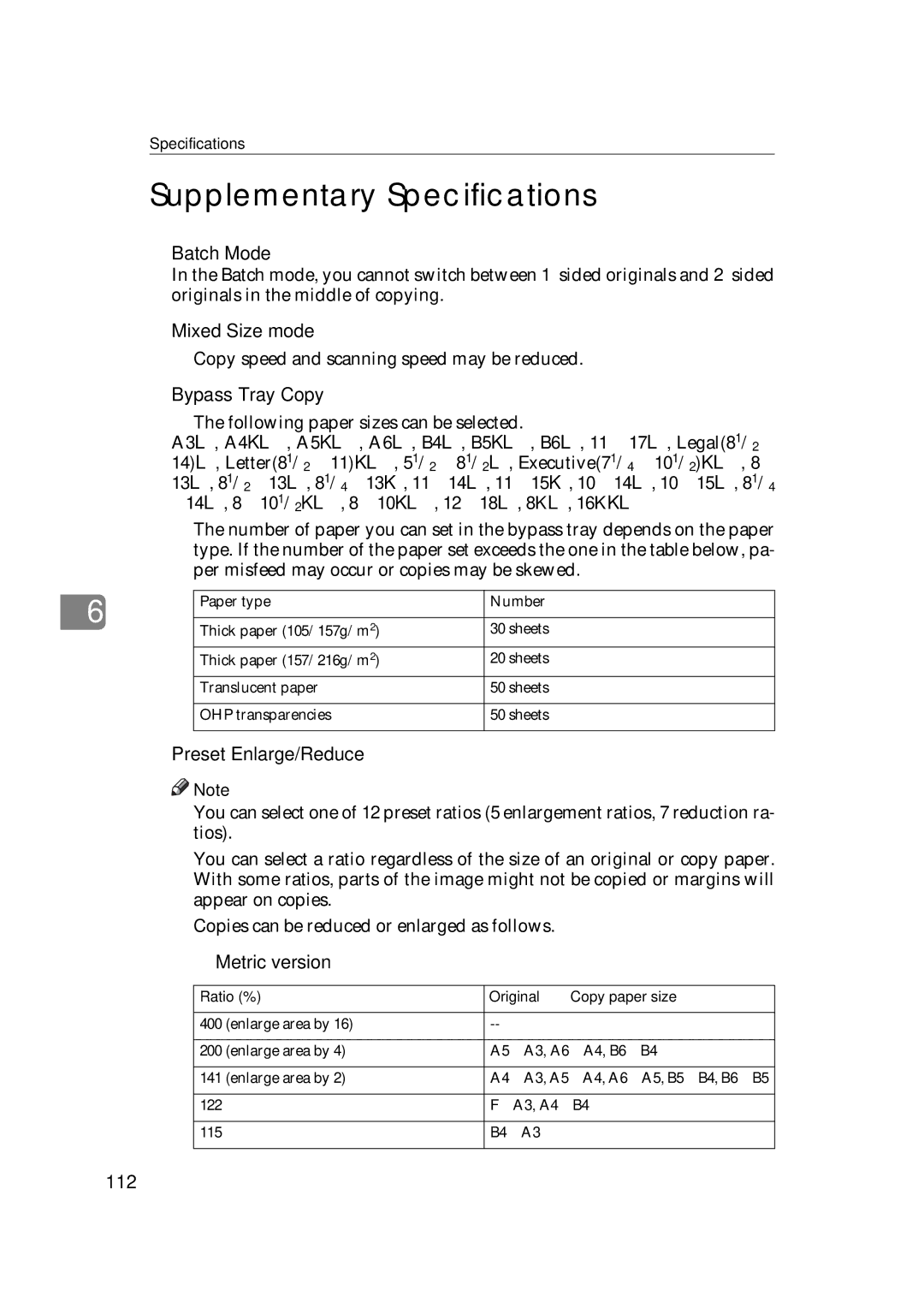 Ricoh IS 2075, IS 2060 operating instructions Supplementary Specifications, Bypass Tray Copy, Preset Enlarge/Reduce, 112 