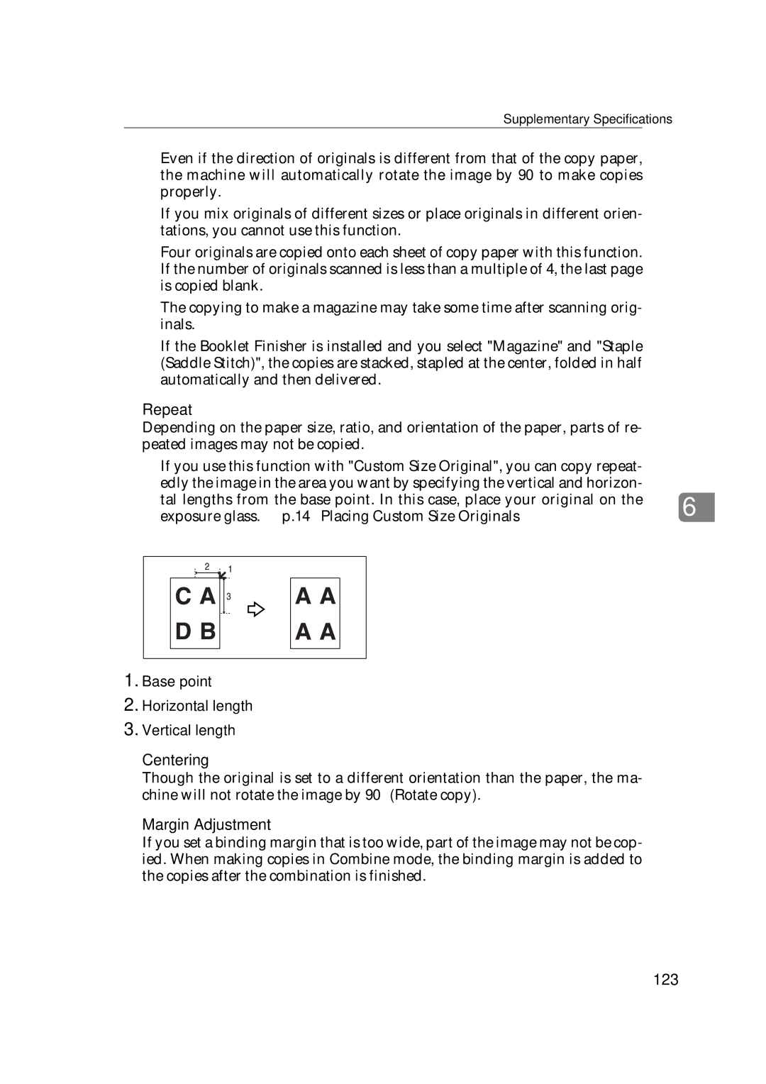 Ricoh IS 2060, IS 2075 Repeat, Centering, Margin Adjustment, 123, Base point Horizontal length Vertical length 