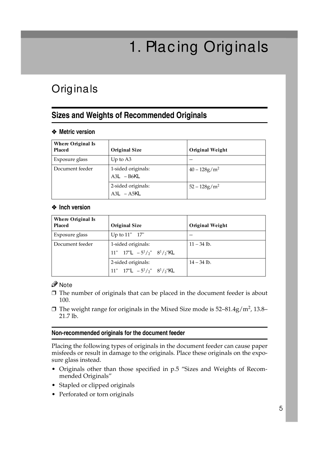 Ricoh IS 2060, IS 2075 operating instructions Sizes and Weights of Recommended Originals, Metric version, Inch version 