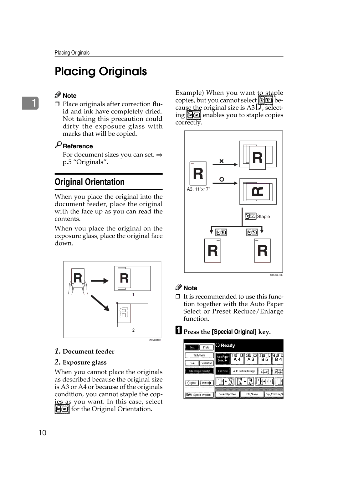 Ricoh IS 2075 Placing Originals, Original Orientation, Document feeder Exposure glass, APress the Special Original key 