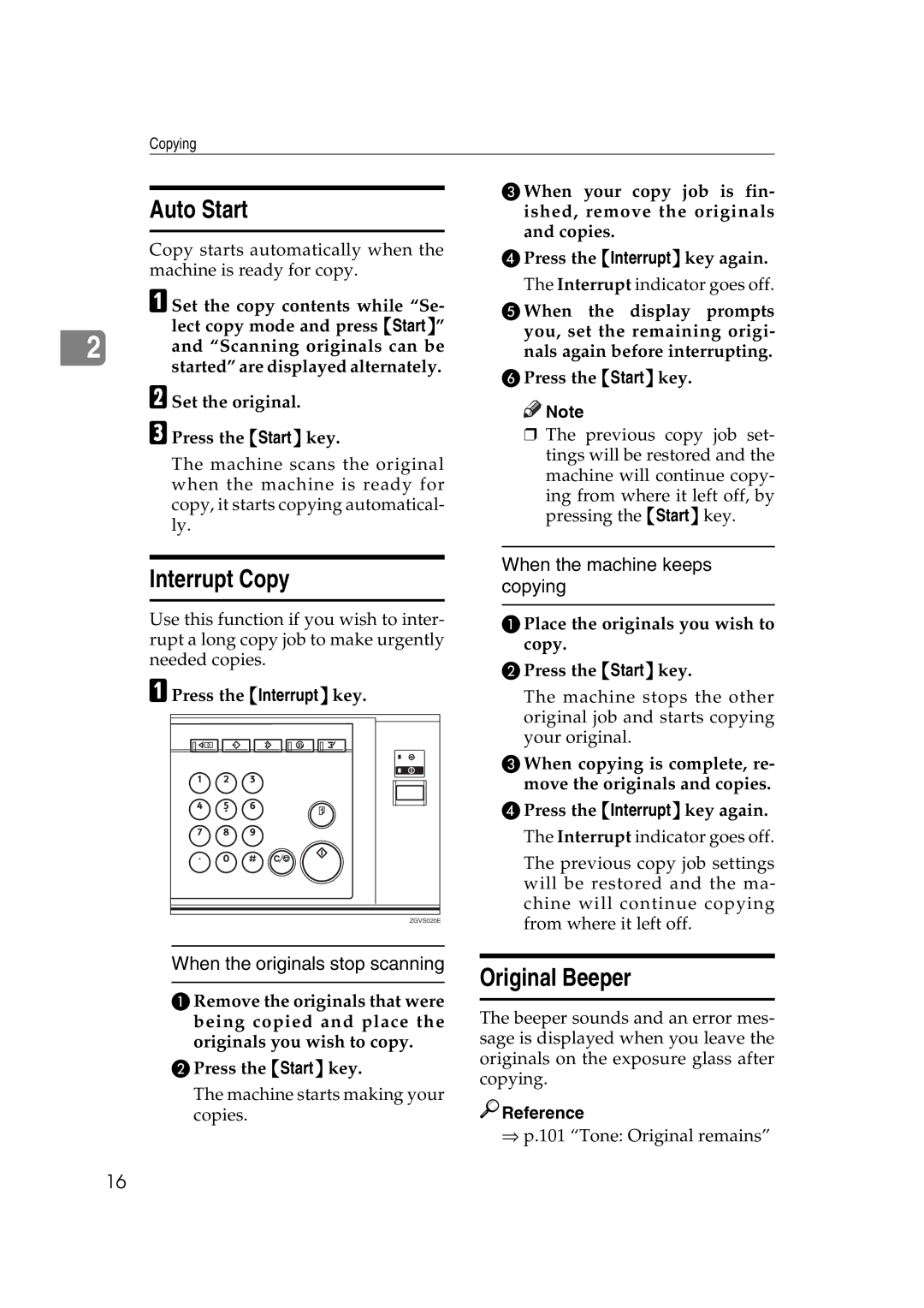 Ricoh IS 2075, IS 2060 operating instructions Auto Start, Interrupt Copy, Original Beeper, APress the Interruptkey 