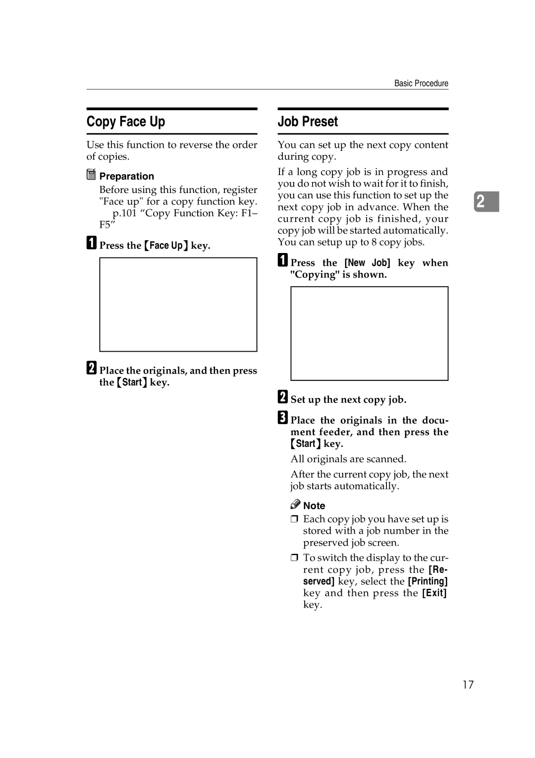 Ricoh IS 2060, IS 2075 operating instructions Copy Face Up, Job Preset 