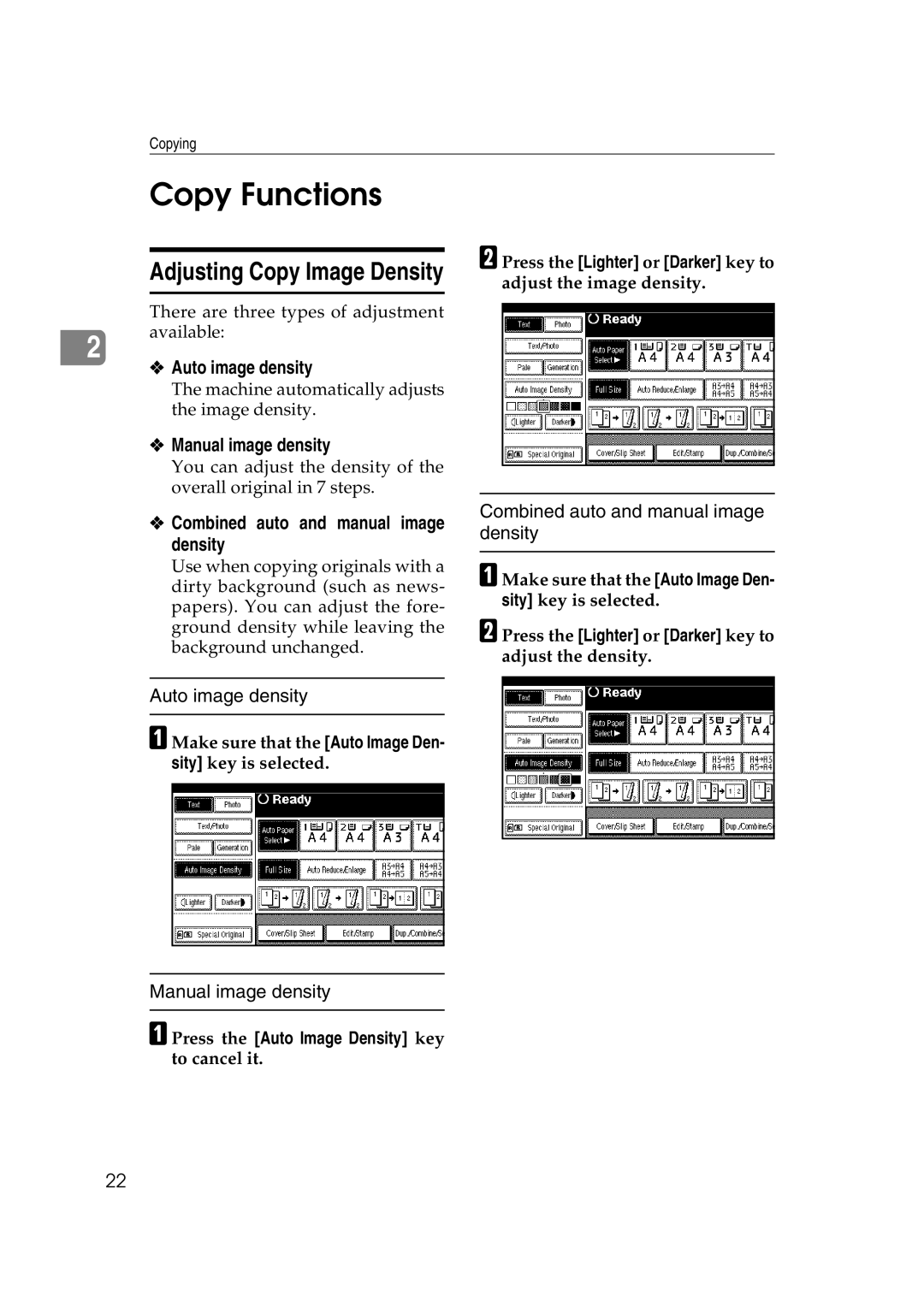 Ricoh IS 2075, IS 2060 Copy Functions, Auto image density, Manual image density, Combined auto and manual image density 