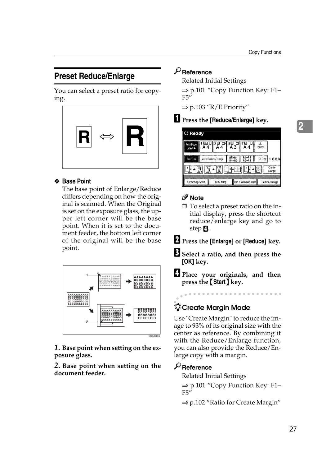 Ricoh IS 2060, IS 2075 Preset Reduce/Enlarge, Base Point, Create Margin Mode, APress the Reduce/Enlarge key 