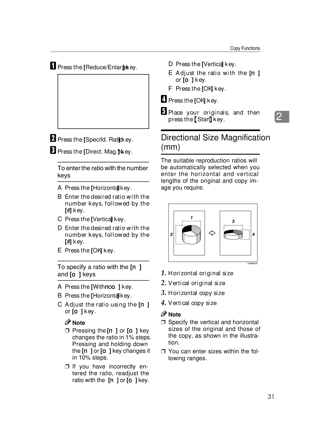 Ricoh IS 2060, IS 2075 operating instructions Directional Size Magnification mm, To specify a ratio with the n and o keys 