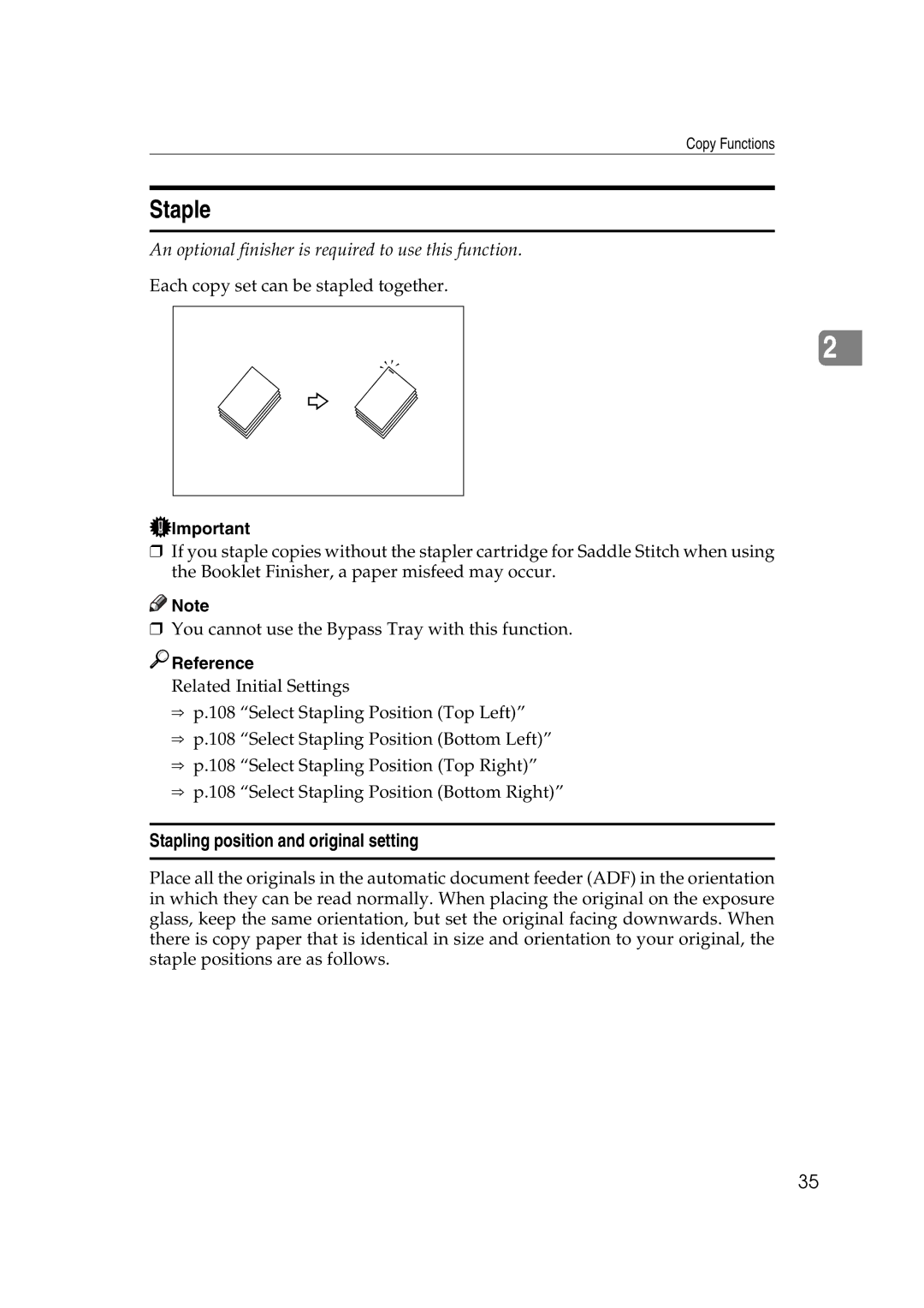 Ricoh IS 2060, IS 2075 operating instructions Staple, Stapling position and original setting 