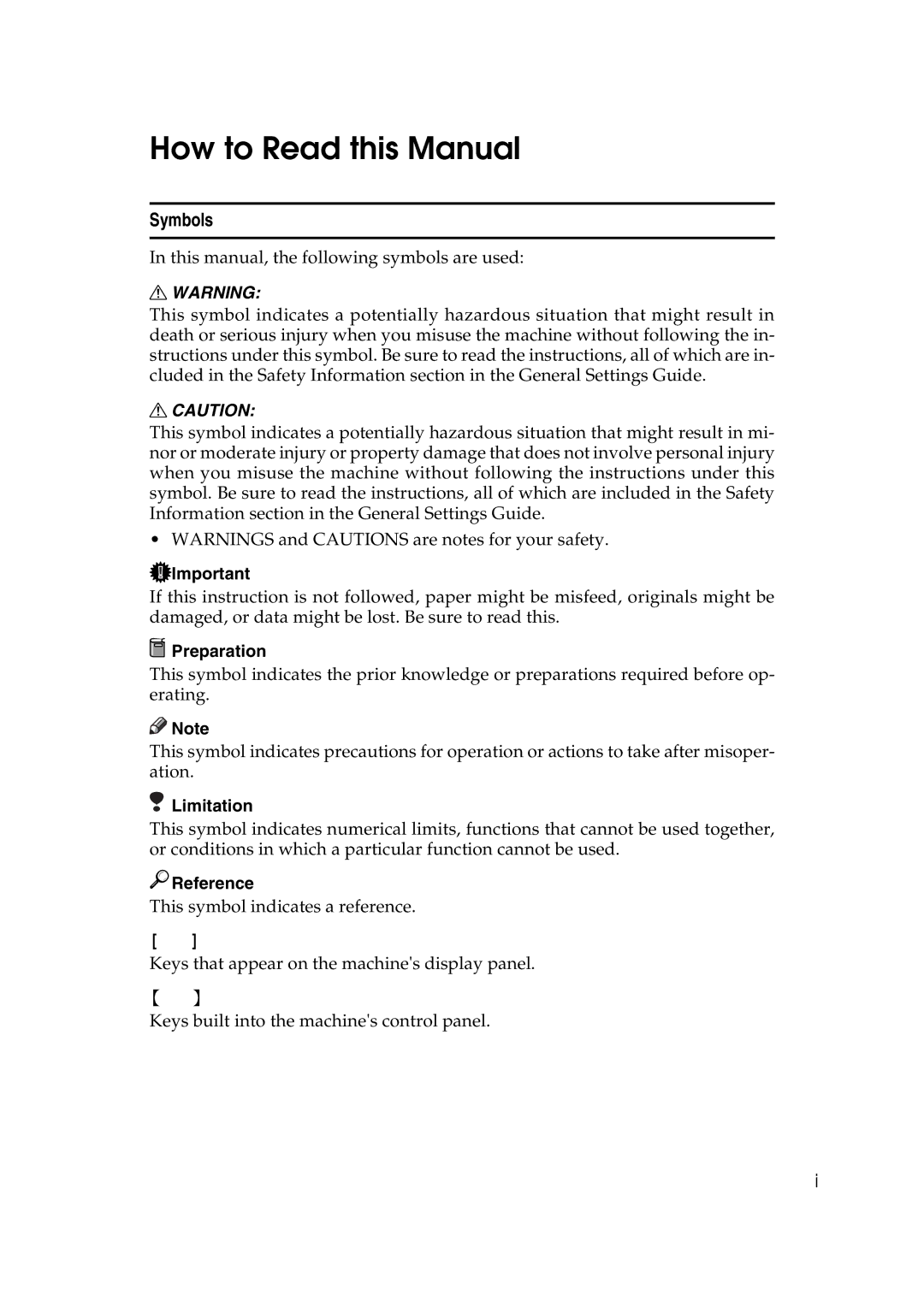 Ricoh IS 2060, IS 2075 operating instructions How to Read this Manual, Symbols, Preparation, Limitation, Reference 