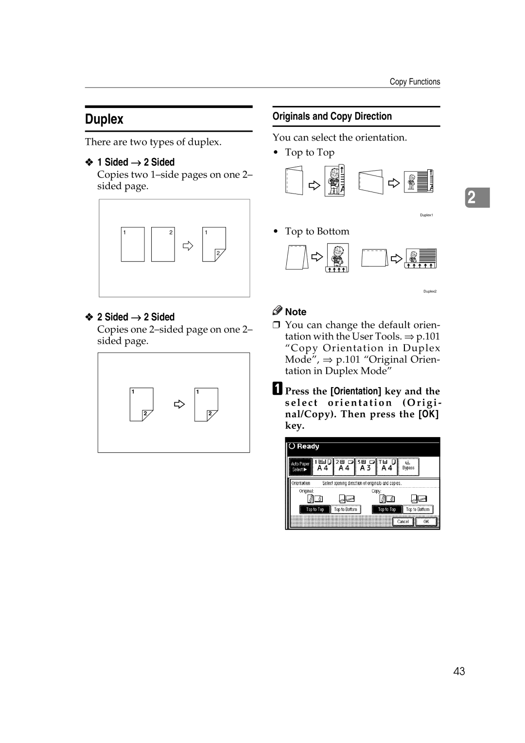 Ricoh IS 2060, IS 2075 operating instructions Duplex, Sided → 2 Sided, Originals and Copy Direction 