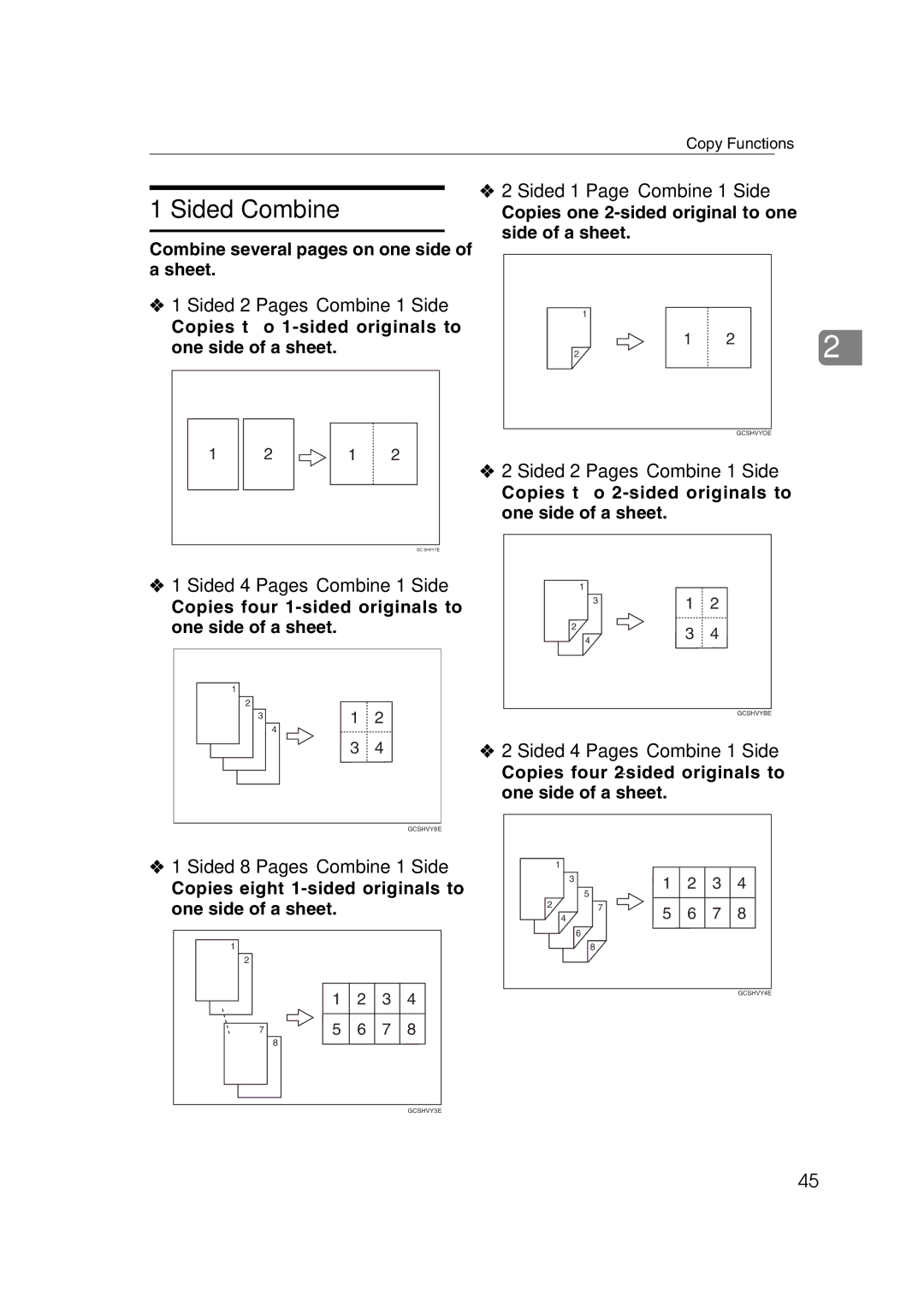 Ricoh IS 2060 Sided Combine, Sided 1 Page → Combine 1 Side, Sided 2 Pages → Combine 1 Side, Sided 4 Pages → Combine 1 Side 