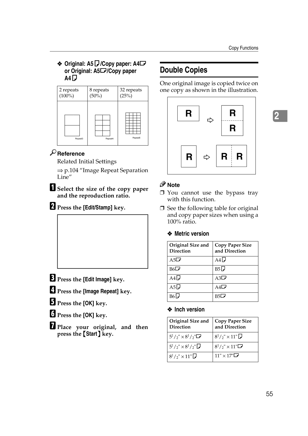 Ricoh IS 2060, IS 2075 operating instructions Double Copies, Original A5K/Copy paper A4L Or Original A5L/Copy paper A4K 