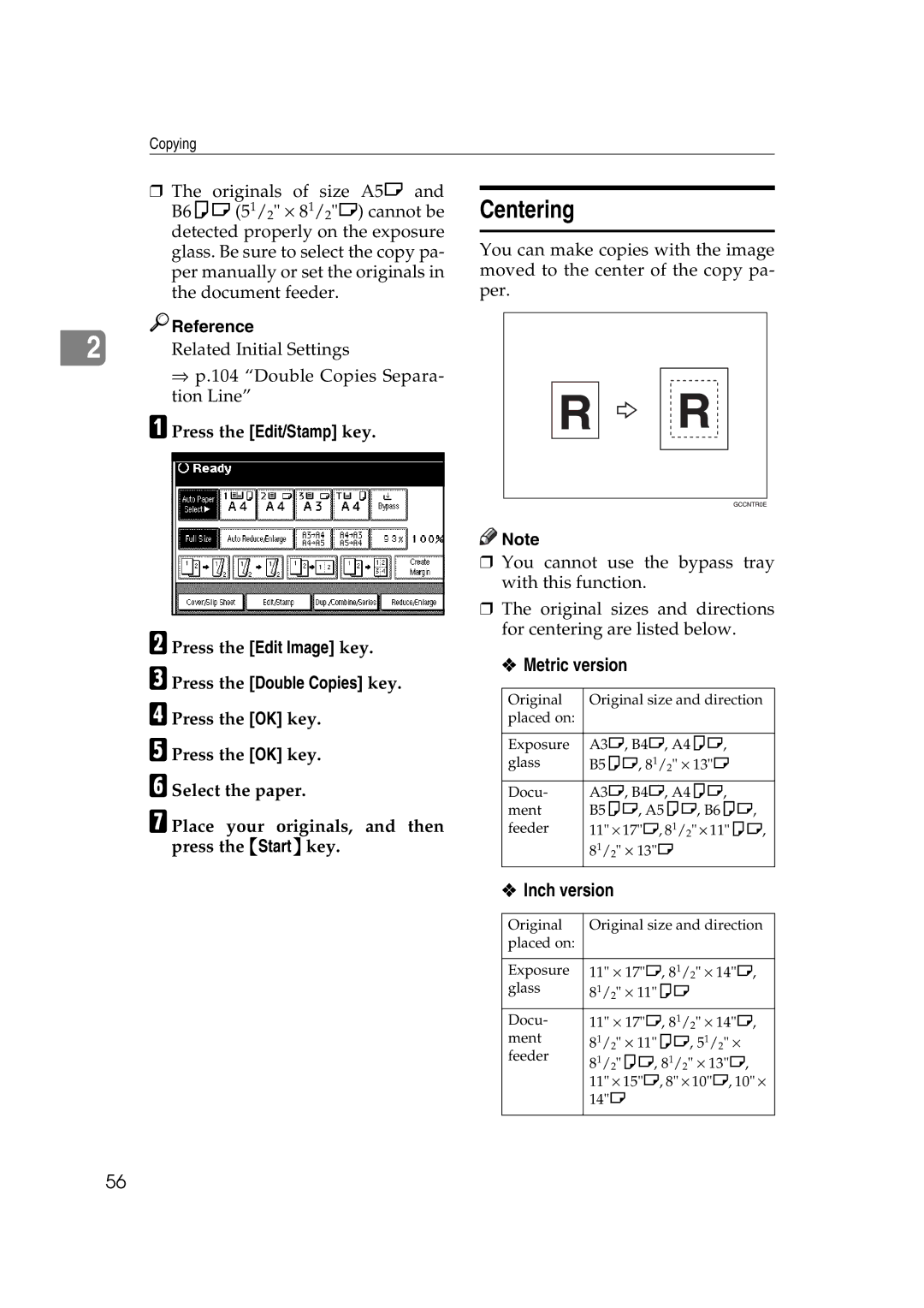 Ricoh IS 2075, IS 2060 Centering, APress the Edit/Stamp key BPress the Edit Image key, CPress the Double Copies key 