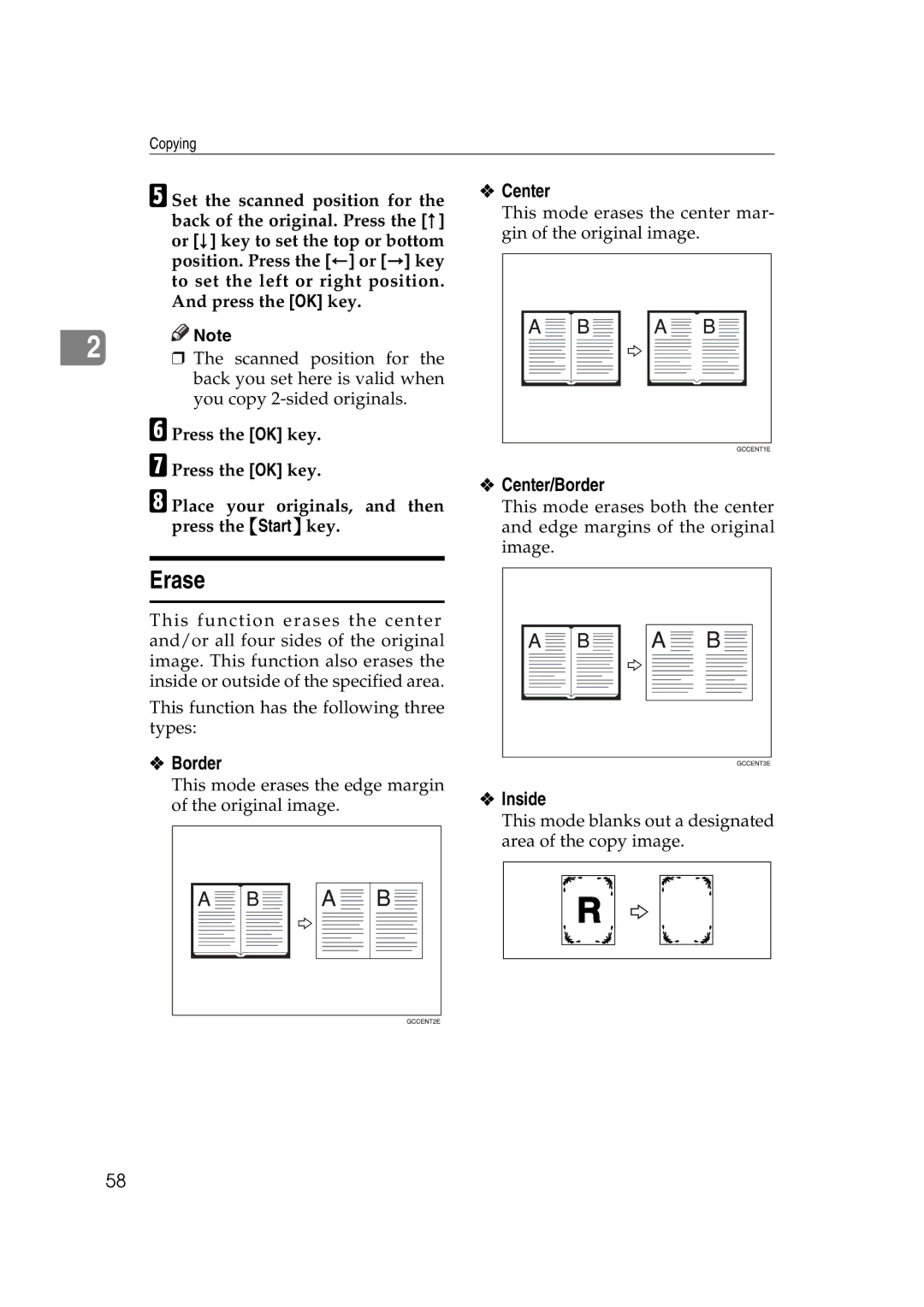 Ricoh IS 2075, IS 2060 operating instructions Erase, Center/Border 