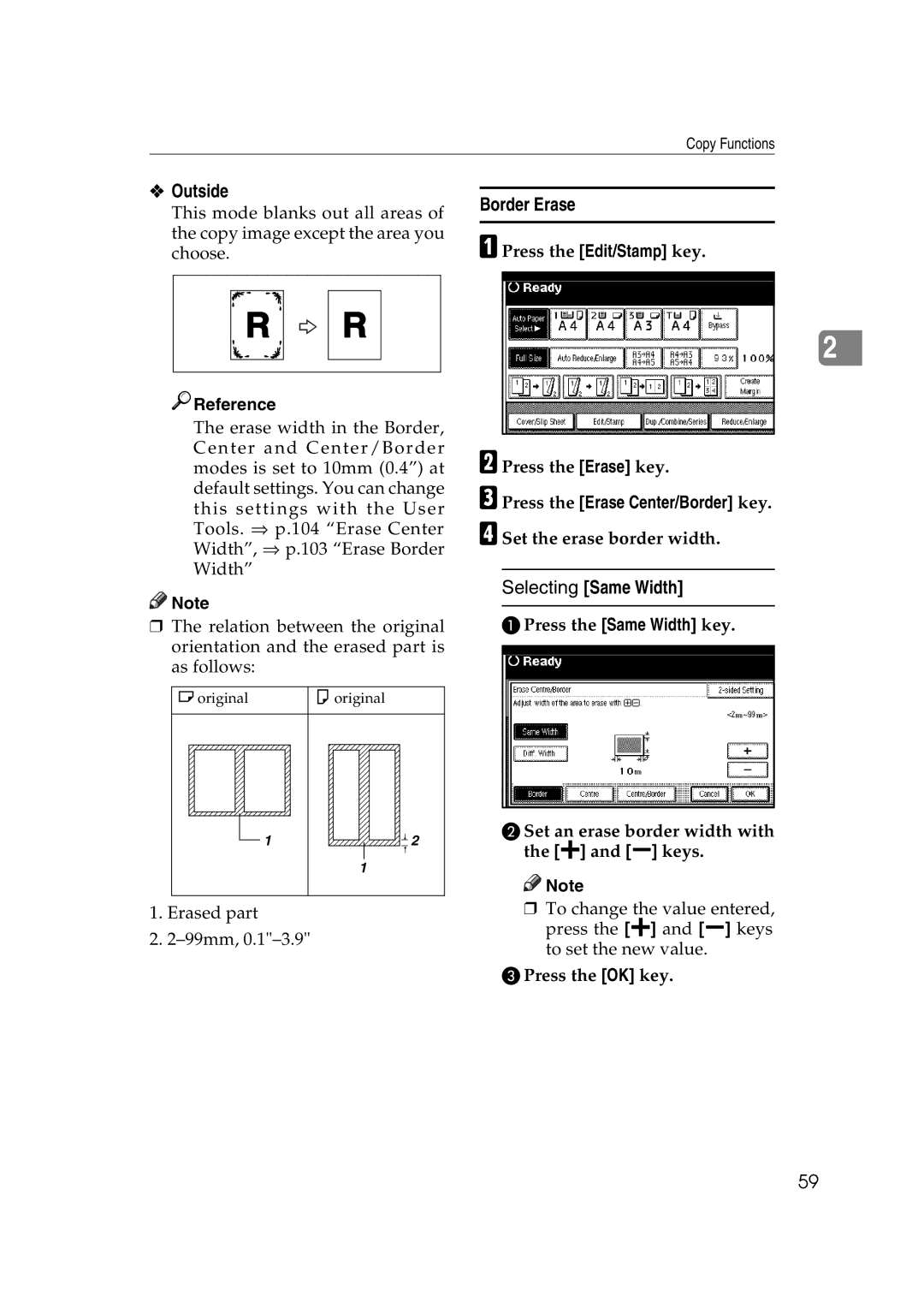 Ricoh IS 2060, IS 2075 operating instructions Outside, Border Erase, Selecting Same Width 