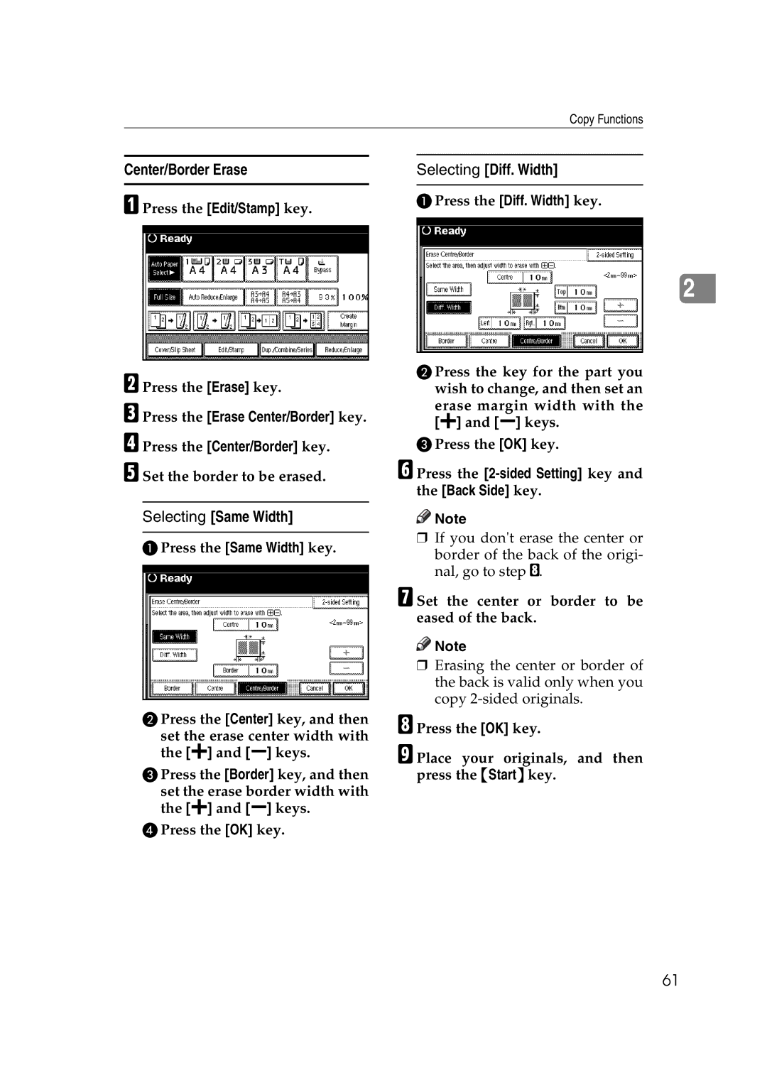 Ricoh IS 2060, IS 2075 Center/Border Erase, APress the Diff. Width key BPress the Erase key, ESet the border to be erased 