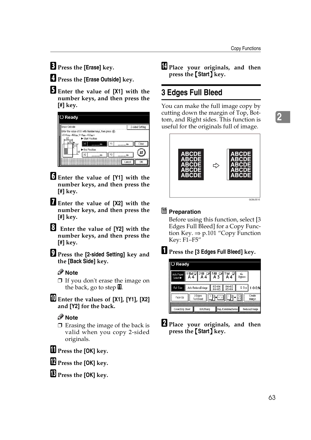 Ricoh IS 2060, IS 2075 operating instructions DPress the Erase Outside key, APress the 3 Edges Full Bleed key 