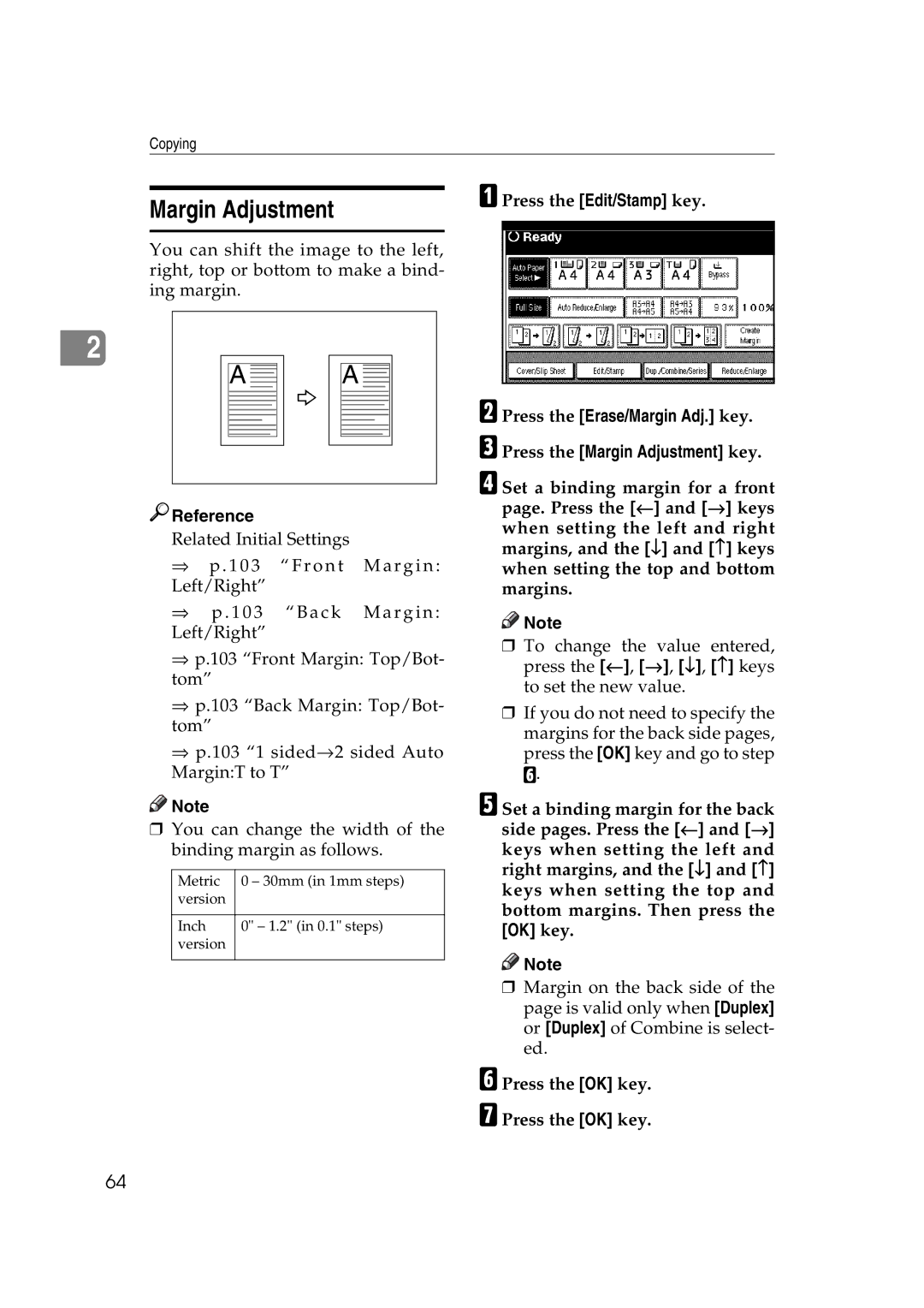 Ricoh IS 2075, IS 2060 operating instructions Margin Adjustment, FPress the OK key GPress the OK key 