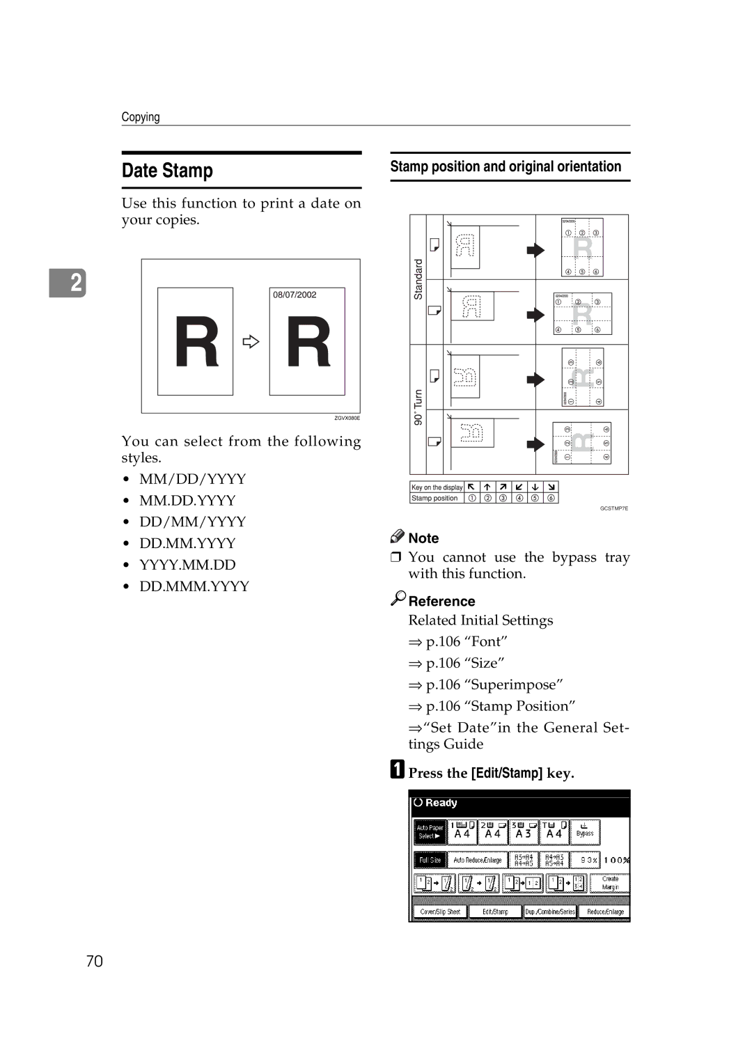 Ricoh IS 2075, IS 2060 operating instructions Date Stamp, Stamp position and original orientation 