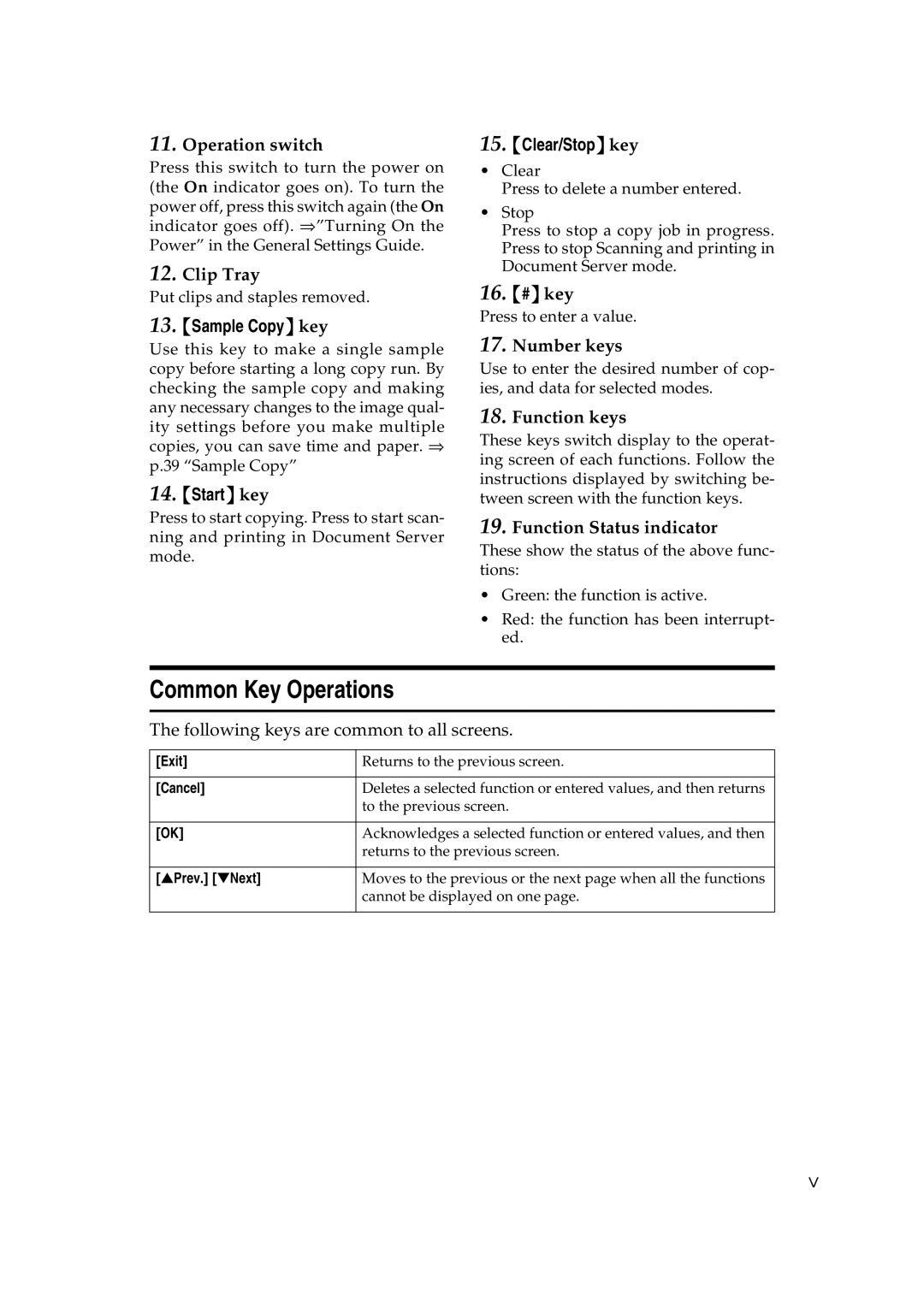 Ricoh IS 2060, IS 2075 operating instructions Common Key Operations, Sample Copykey, Startkey, Clear/Stopkey 