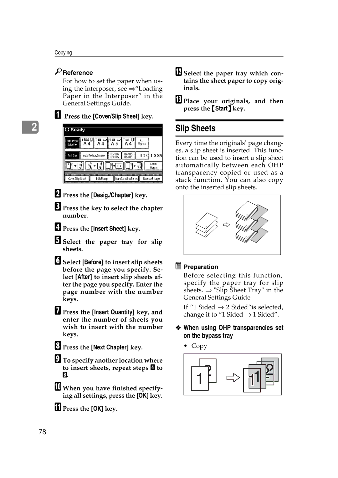 Ricoh IS 2075, IS 2060 Slip Sheets, CPress the key to select the chapter number, DPress the Insert Sheet key 