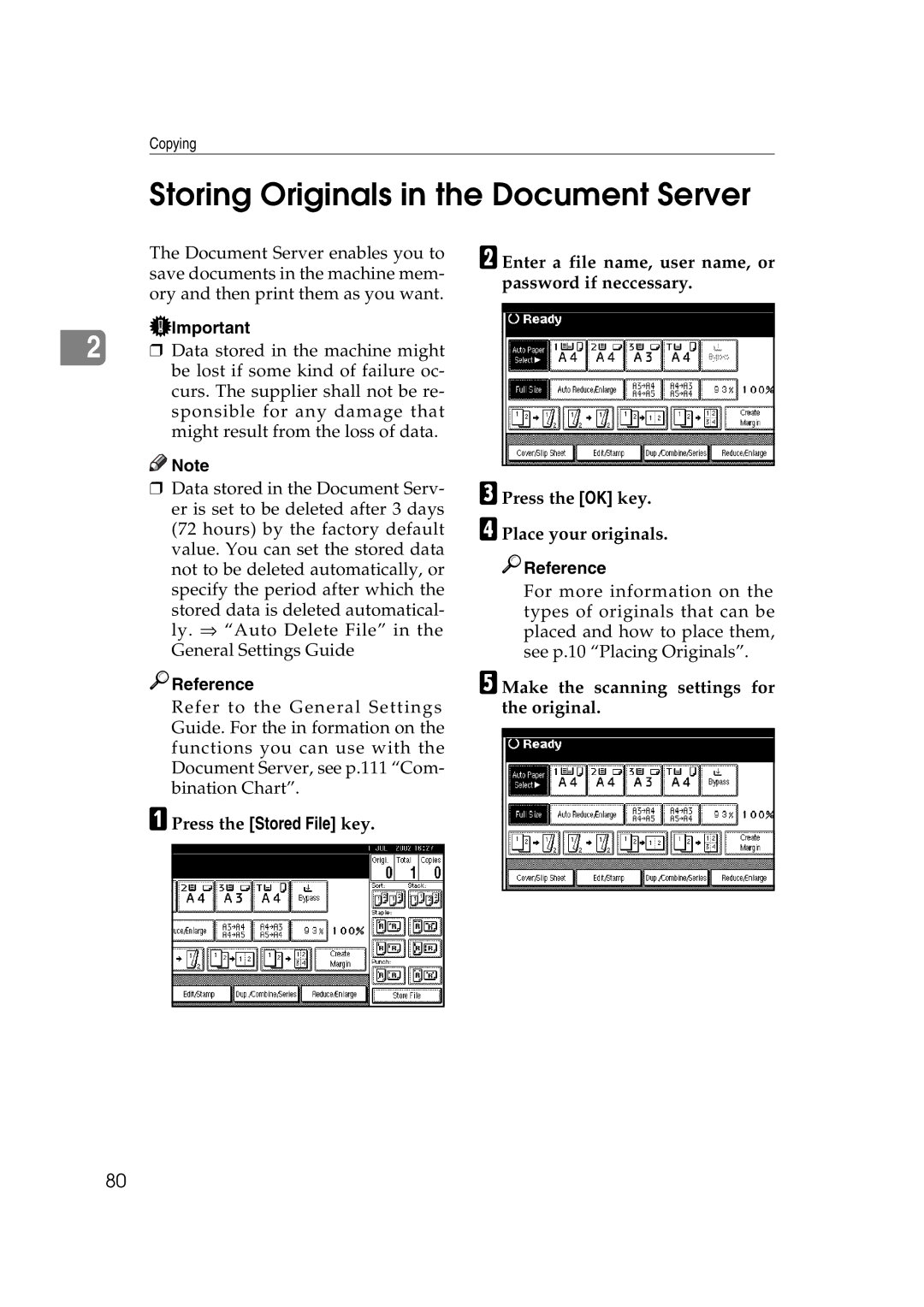 Ricoh IS 2075, IS 2060 Storing Originals in the Document Server, EMake the scanning settings for the original 