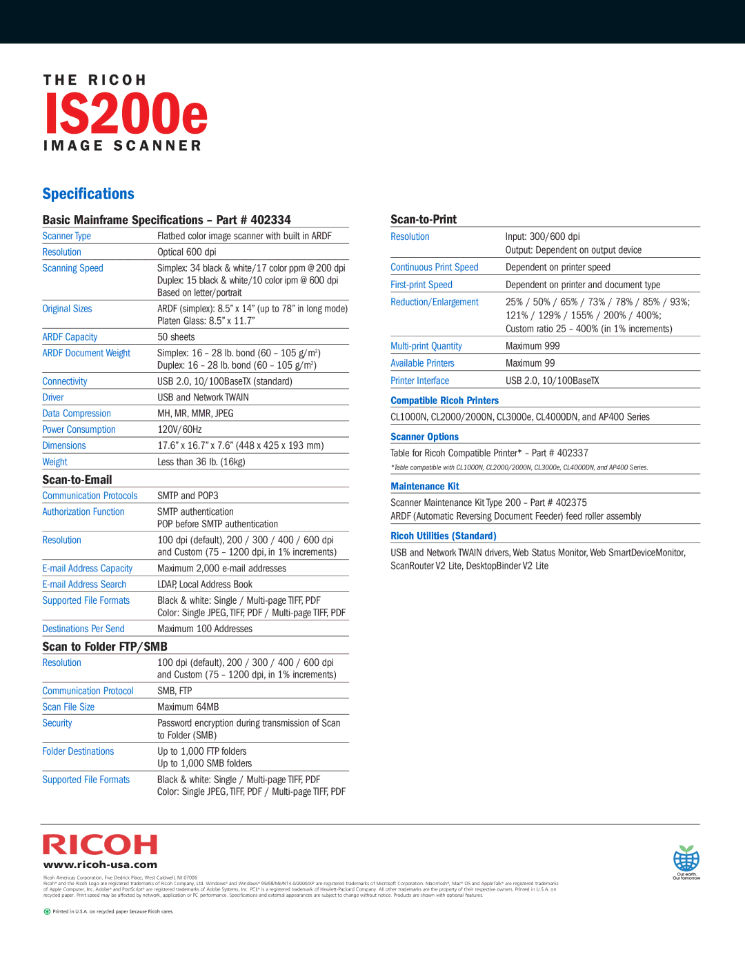 Ricoh IS200e manual Specifications 