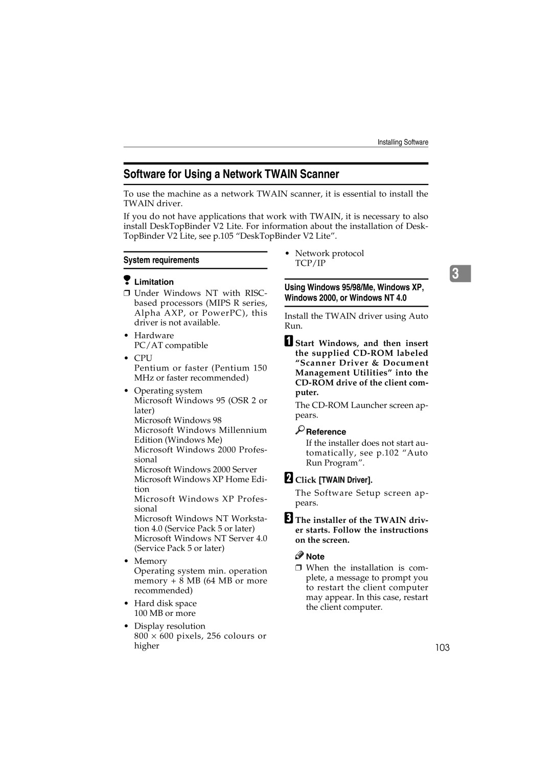 Ricoh IS300e Software for Using a Network Twain Scanner, System requirements, 103, Click Twain Driver 