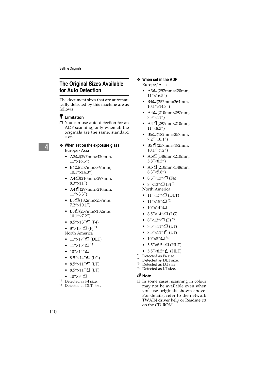 Ricoh IS300e operating instructions When set in the ADF, 110, Europe/Asia 