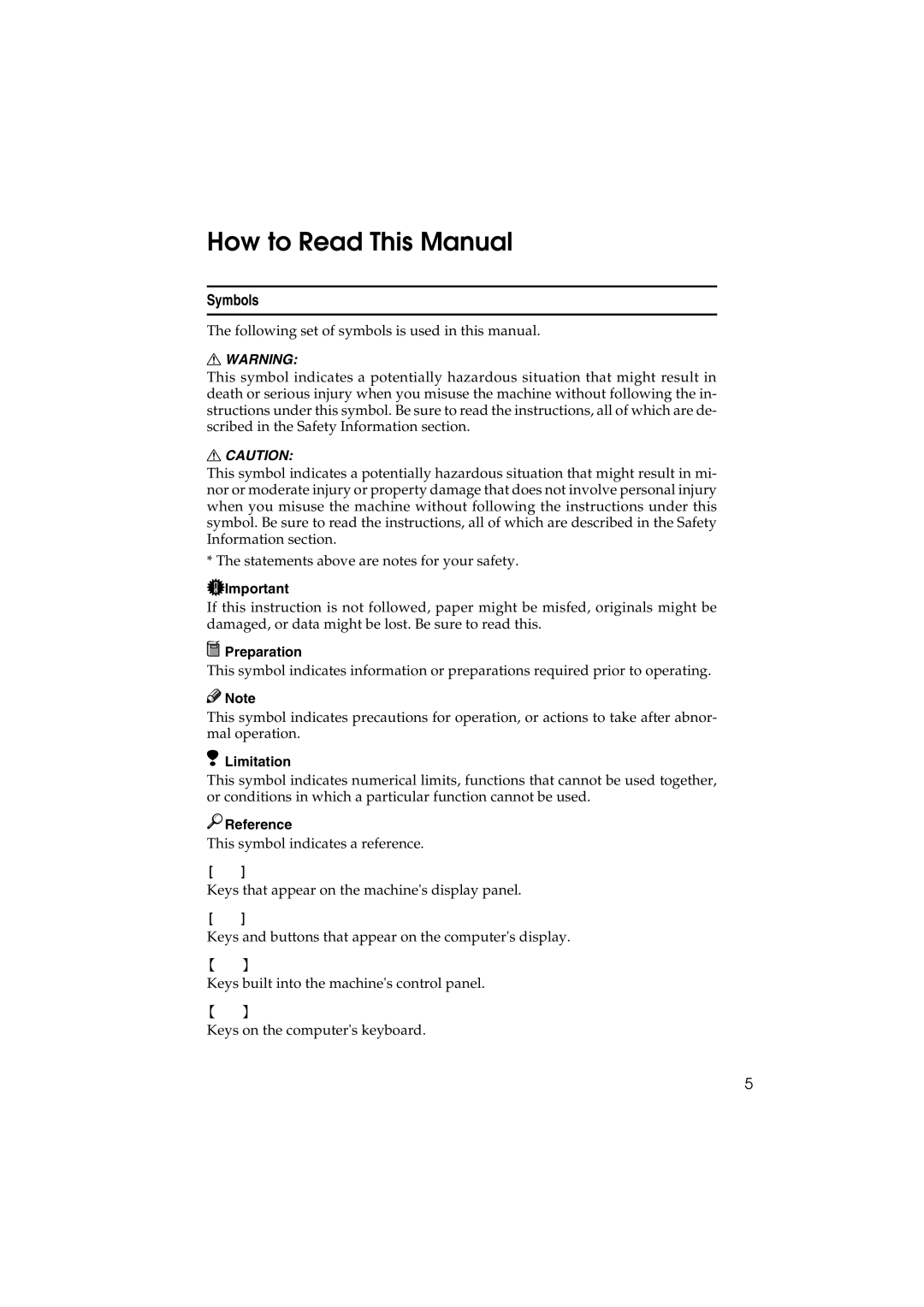 Ricoh IS300e operating instructions How to Read This Manual, Symbols, Preparation, Limitation, Reference 