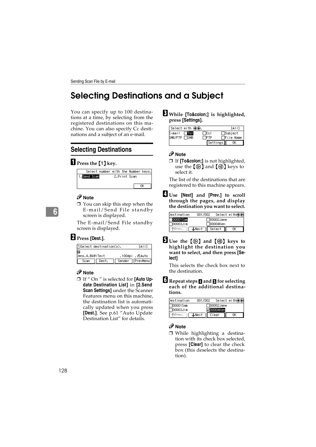 Ricoh IS300e Selecting Destinations and a Subject, 128, While To is highlighted, press Settings Press the 1 key 