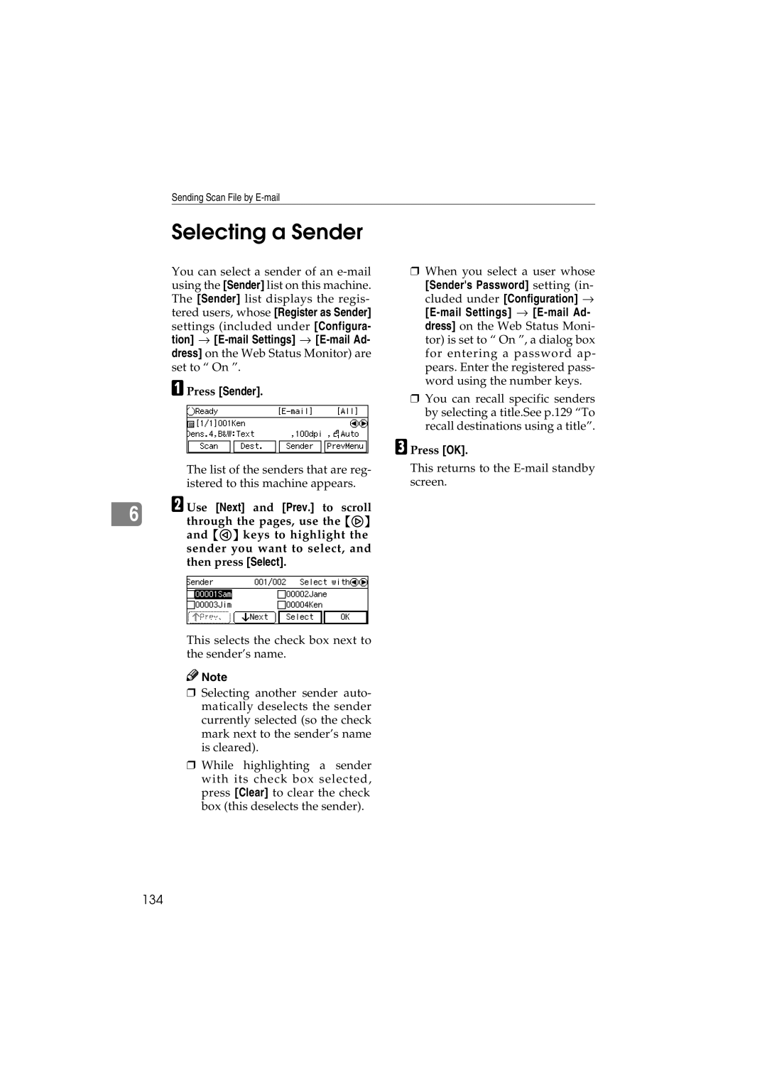 Ricoh IS300e operating instructions Selecting a Sender, 134, Press Sender 