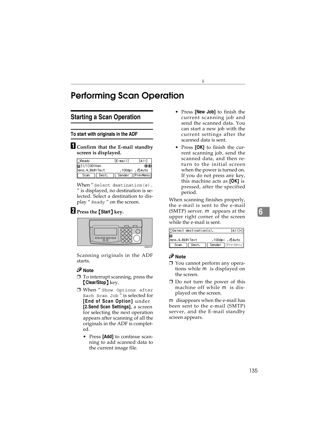 Ricoh IS300e Performing Scan Operation, Starting a Scan Operation, To start with originals in the ADF, 135 