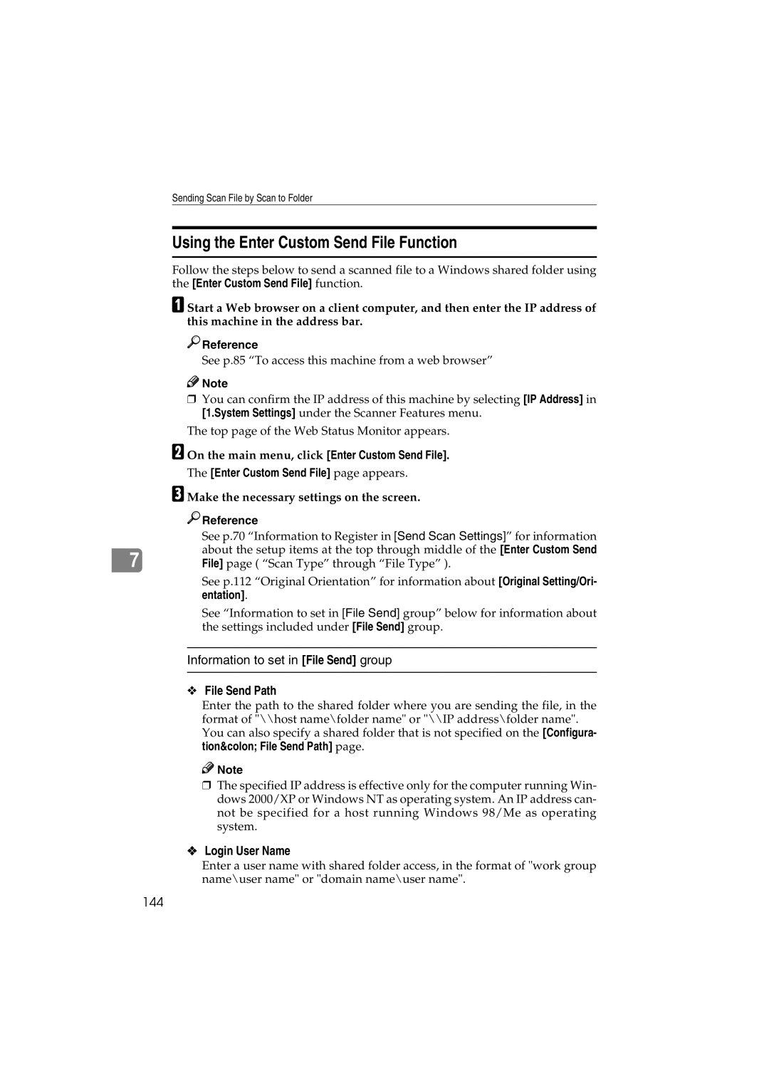 Ricoh IS300e operating instructions Using the Enter Custom Send File Function, Information to set in File Send group, 144 