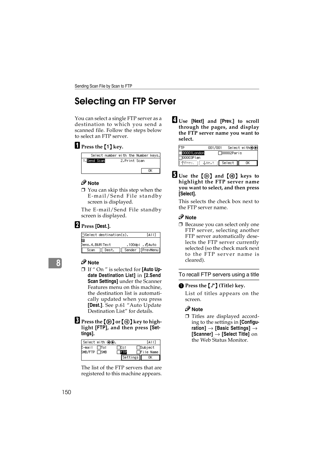 Ricoh IS300e operating instructions Selecting an FTP Server, To recall FTP servers using a title, 150 