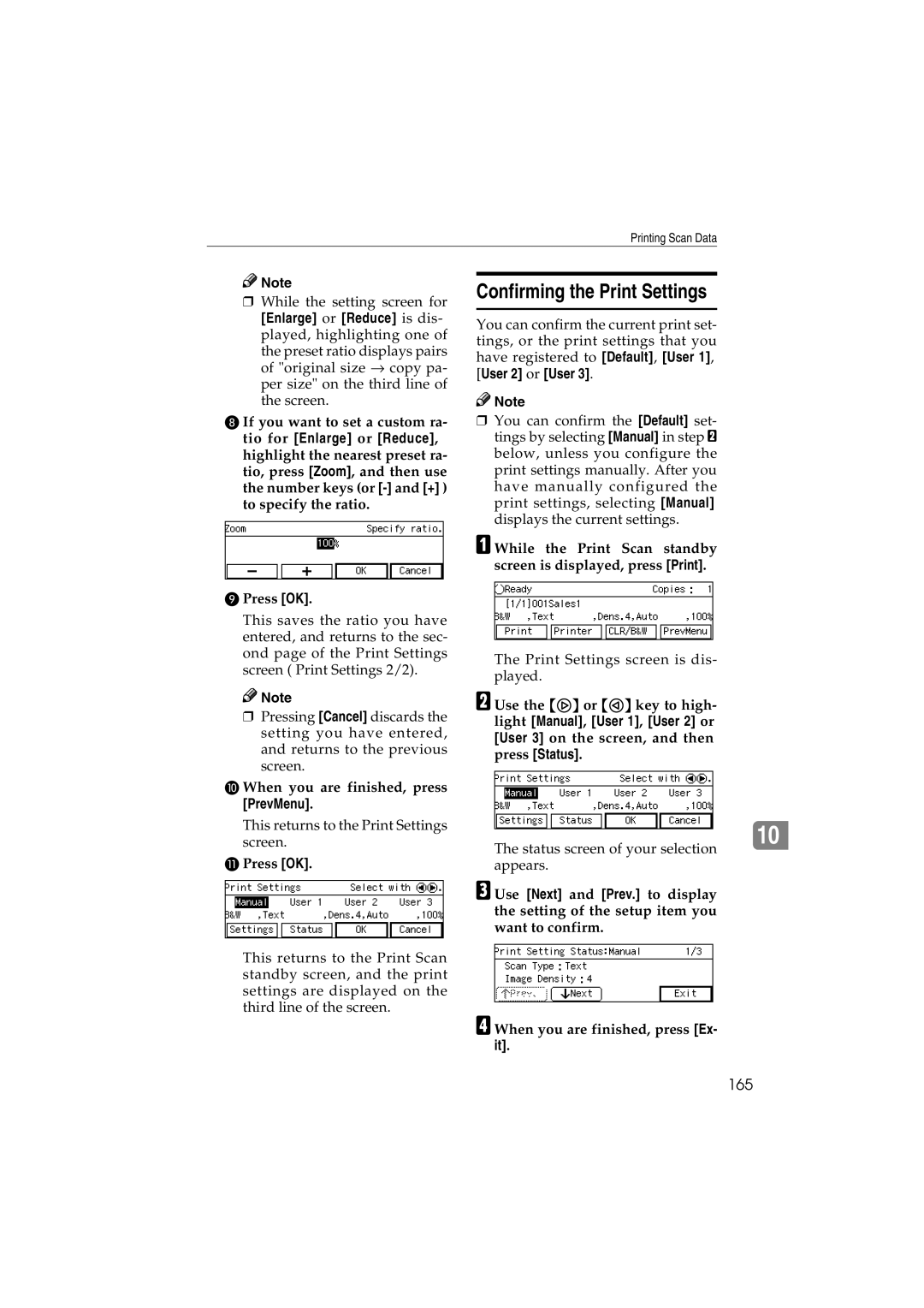 Ricoh IS300e operating instructions Confirming the Print Settings, 165, When you are finished, press, PrevMenu 