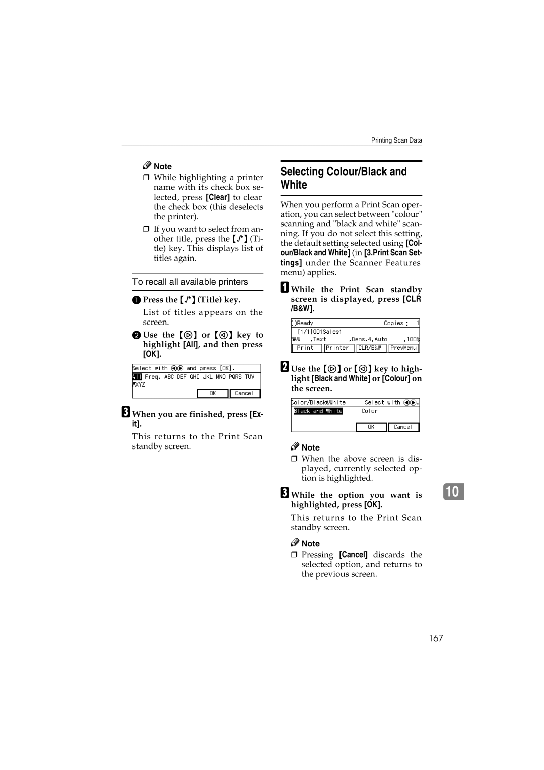 Ricoh IS300e operating instructions Selecting Colour/Black White, To recall all available printers, 167 