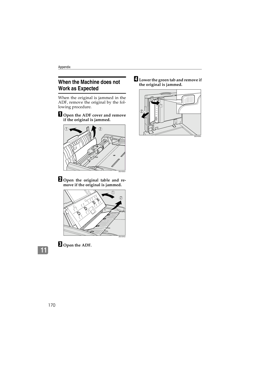 Ricoh IS300e operating instructions 170, Open the ADF cover and remove if the original is jammed 