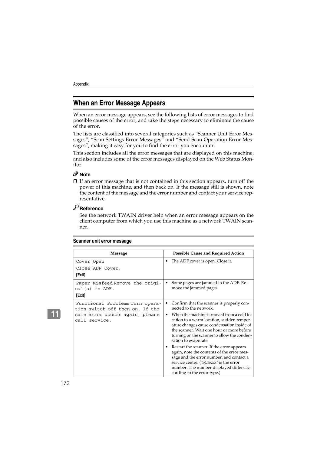 Ricoh IS300e operating instructions When an Error Message Appears, Scanner unit error message, 172 